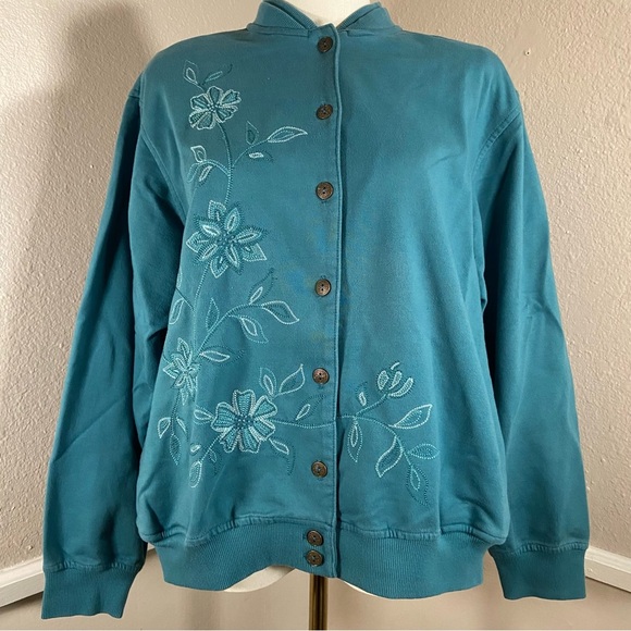 Alfred Dunner Embroidered Beaded Button Up Cardigan Size Large Teal - Picture 9 of 9